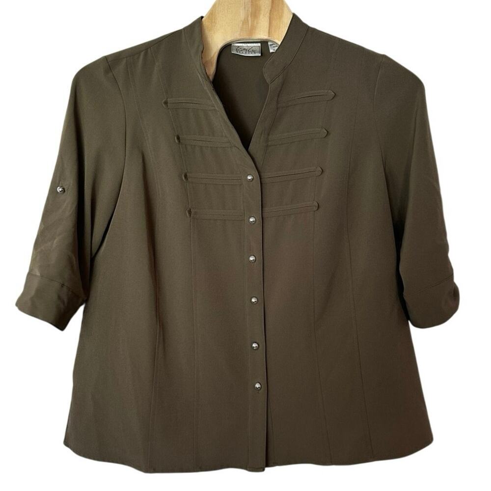 Kathy Che Military Style‎ Green Button Down Roll Tab Sleeve Blouse Size 18/20W